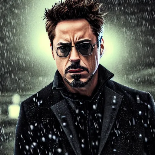 Prompt: photorealistic, hyperdetailed photograph portrait of robert downey junior, night, city, rain, dense fog, hd, 8 k resolution