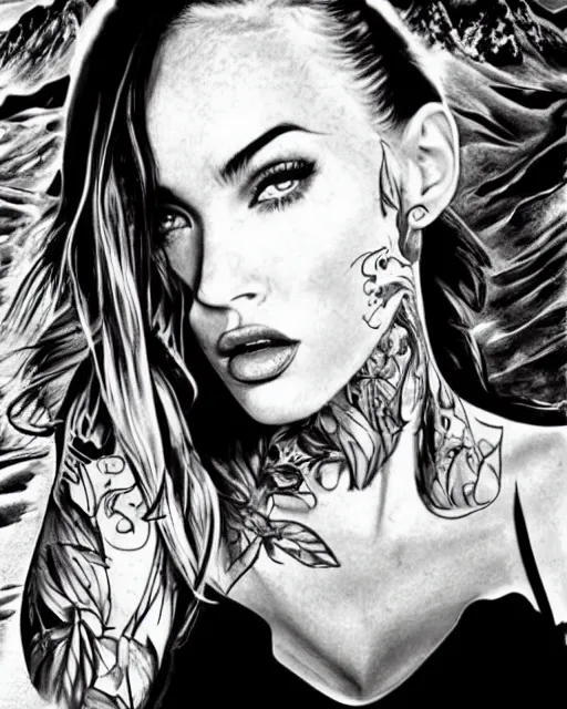 Prompt: tattoo design sketch with double exposure effect of megan fox with amazing mountain scenery, realism tattoo, in the style of den yakovlev, amazing detail, sharp