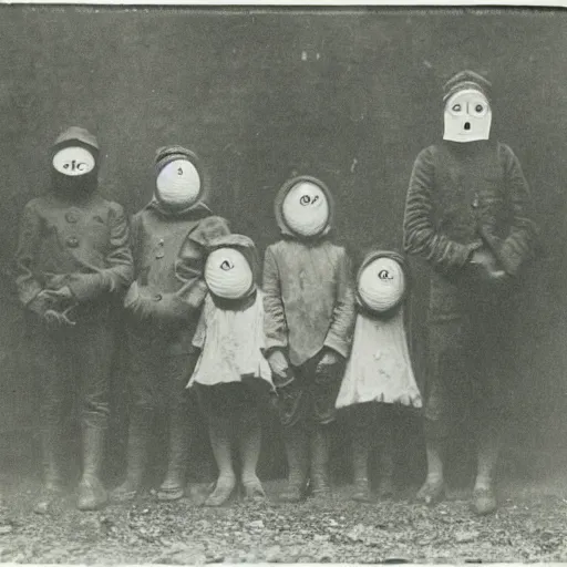 Image similar to portrait of children wearing masks, photograph, style of atget, 1 9 1 0, creepy, dark