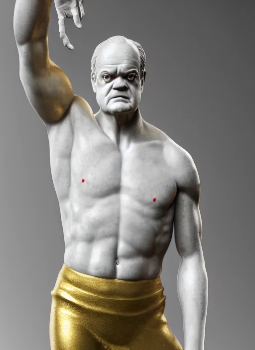 Image similar to a statue made of white marble with gold veins, of kelsey grammer as frasier crane with fittonias, transhumanism, full body shot, perfect symmetrical body, perfect symmetrical face, hyper realistic, hyper detailed, by johannen voss, by peter kemp, by alex grey, octane render, blender, 8 k