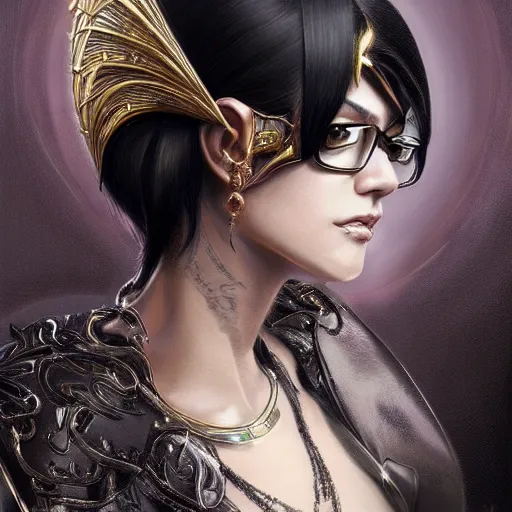 Image similar to a portrait a young asia argento as bayonetta, urban motifs, intricate, elegant, highly detailed, digital painting, trending on artstation, concept art, smooth sharp focus, illustration, art by artgerm and greg rutkowski