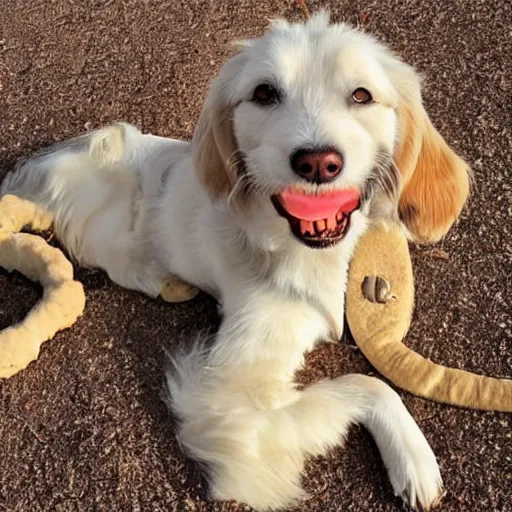 Prompt: dog that has normal human legs for legs, eating wheat treats,