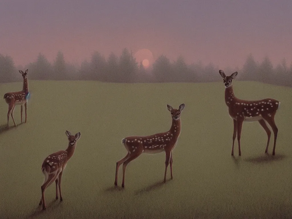 Prompt: young deer on a lawn of a suburban house, at eerie dusk, soft pink surreal light, by quint buchholz and by dean ellis