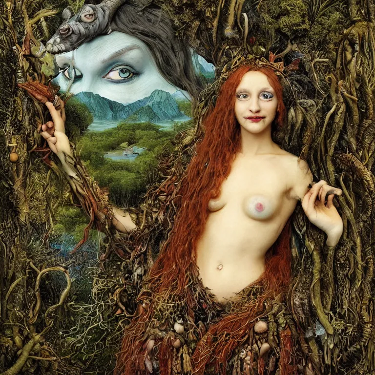 Image similar to a fish eye lense photograph of a grinning druid dryad with goat pupils transforming herself into a mad beast. her skin is covered in scales and feathers. wide landscape with mountains, river and night sky. painted by jan van eyck, max ernst and ernst haeckel, trending on artstation, 8 k, award winning, hard lighting, fashion editorial