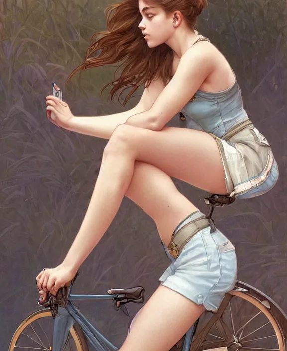 Prompt: portrait of barbara palvin riding a bicycle in denim shorts, side view, intricate, elegant, highly detailed, digital painting, artstation, concept art, art by artgerm and greg rutkowski and alphonse mucha