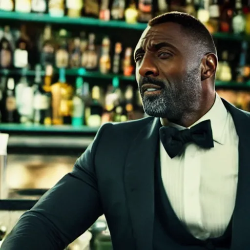 Image similar to film still of Idris Elba at a bar drinking a martini as James Bond