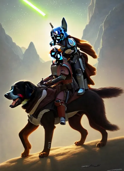 Image similar to mandalorian riding a bernese montain dog, realistic, star wars, beautiful glowing lights, sci - fi, stunning, intricate, elegant. highly detailed, digital painting. artstation. smooth. sharp focus. illustration. art by artgerm and greg rutkowski and alphonse mucha