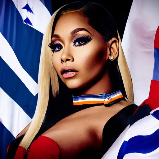 Prompt: Wide image, flags of Argentina behind, Nicki Minaj detailed face