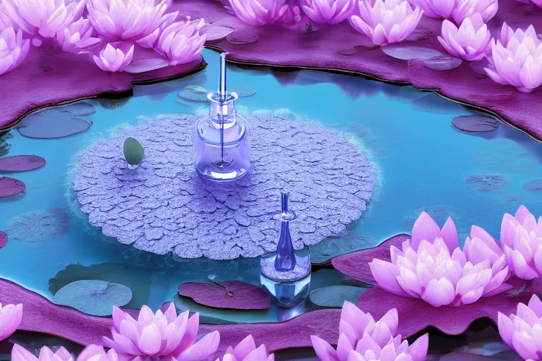 Image similar to perfume bottle standing on lillypads in a cool blue frosted pond close shot, sharp focus, global illumination, dramatic, mid day, cherry blossom background, soft lilac skies, large scale, hyperrealistic, lots of detail, realistic lighting, octane render, by wlop, artgerm, trending on artstation