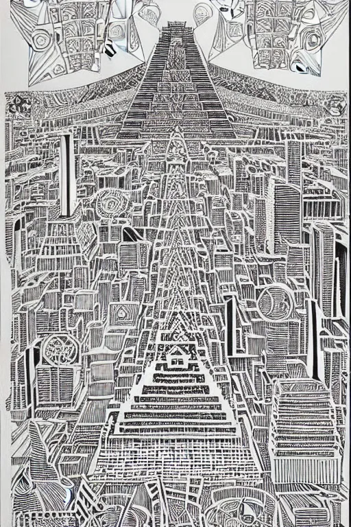 Image similar to a black and white drawing of a mayan temple cityscape, a detailed mixed media collage by hiroki tsukuda and eduardo paolozzi and moebius, intricate linework, sketchbook psychedelic doodle comic drawing, geometric, street art, polycount, deconstructivism, matte drawing, academic art, constructivism