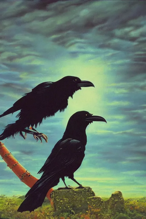 Image similar to a raven investigating 8 0 s era technology, vintage shapes, retro technology, sylvan color, wayne barlow, oil on canvas, deep depth of field, masterpiece, cinematic composition, hyperdetailed