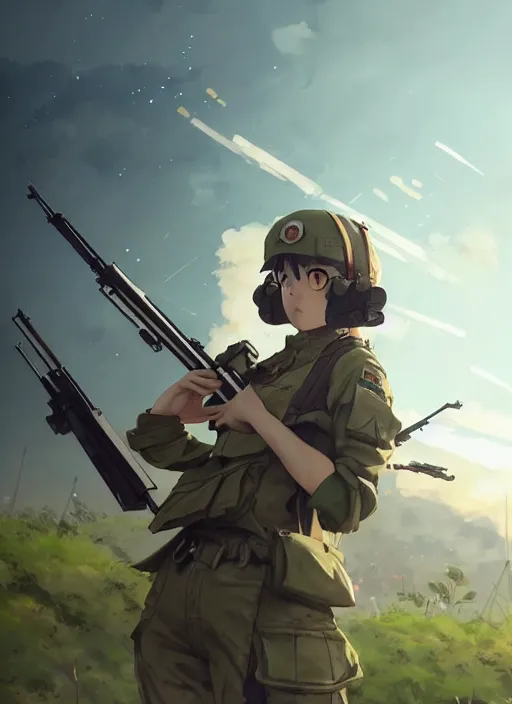 Prompt: portrait of cute soldier girl shooting rifle, cloudy sky background lush landscape illustration concept art anime key visual trending pixiv fanbox by wlop and greg rutkowski and makoto shinkai and studio ghibli and kyoto animation soldier clothing military gear realistic anatomy mechanized