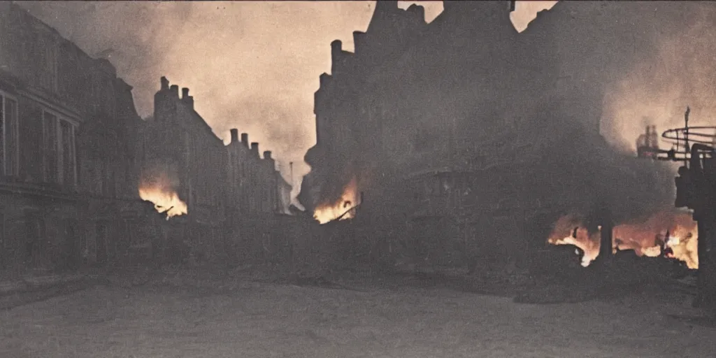 Image similar to a colour photo taken at night of saint - malo street on fire after a bombing in 1 9 4 5