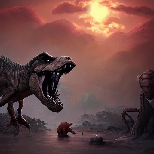 Image similar to dinosaurs getting extinct. Digital Art. Trending on artstation.