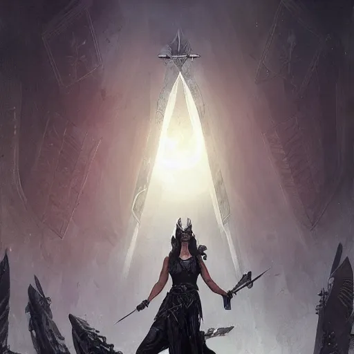 Prompt: valkyrie graveyard resembling the ace of swords tarot card by greg rutkowski