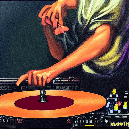 Image similar to painting of the devil as a dj with hand on record spinning