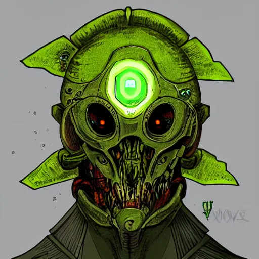 Prompt: pixiv, gruesome, sci - fi, polychaeta, undead cyborg head, doom, newt, yellow, green