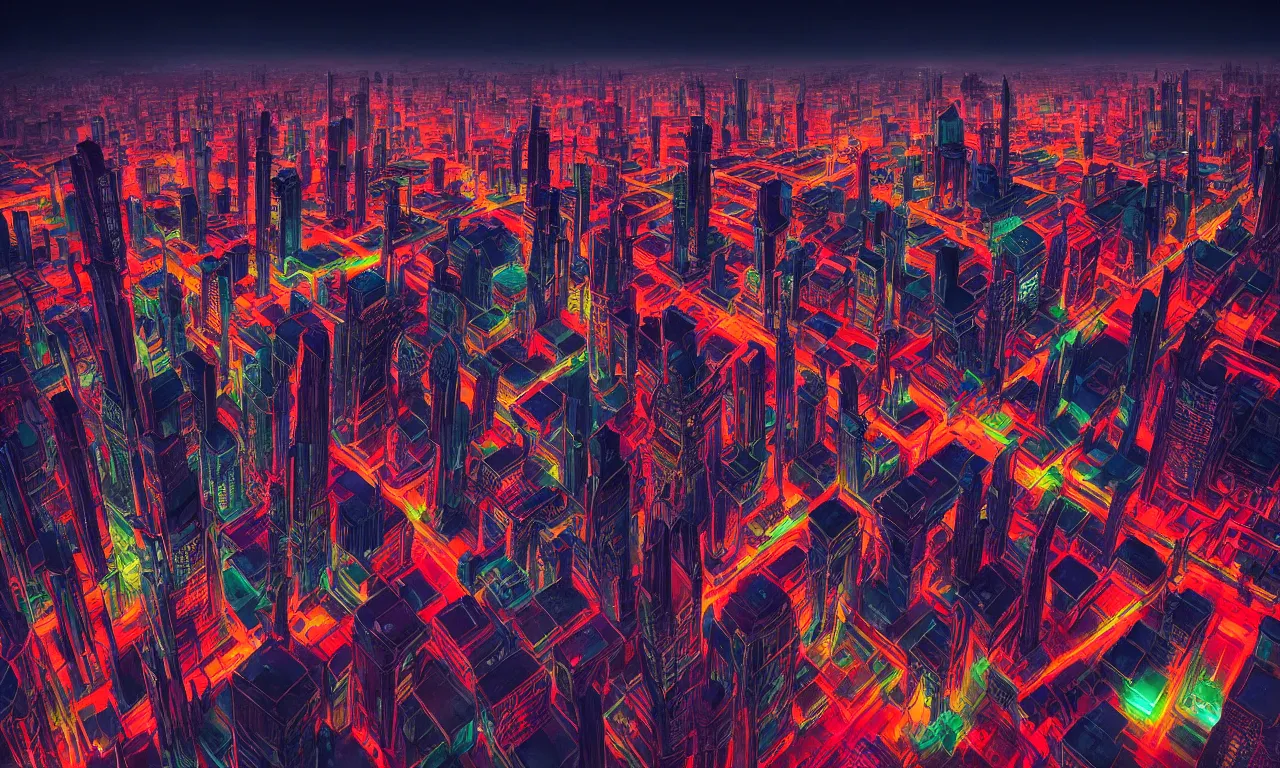 Prompt: bird eye view colorful photograph of a futuristic city, science fiction, night lights, beautifully lit buildings, drone view, mystic hues, distant, sharp focus, volumetric lights, digital art, RTX, hyperrealistic, cinematic, acid pixie, by lee madgwick