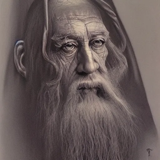 Image similar to Zdzisław Beksiński painting of Gandalf