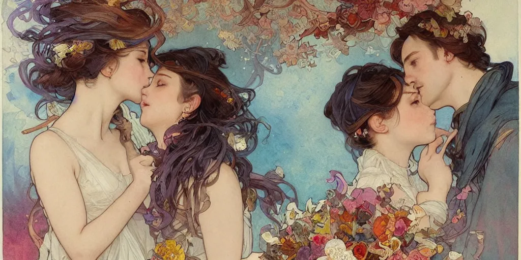 Prompt: a beautifull intricate watercolor painting of a lovers kissing, reflexions, verry high details, colorfull, by william turner art, by greg rutkowski, by alphonse mucha, by james jean, by rossdraws, by frank franzzeta, by sakimichan, trending on artstation, very very detailed, masterpiece,