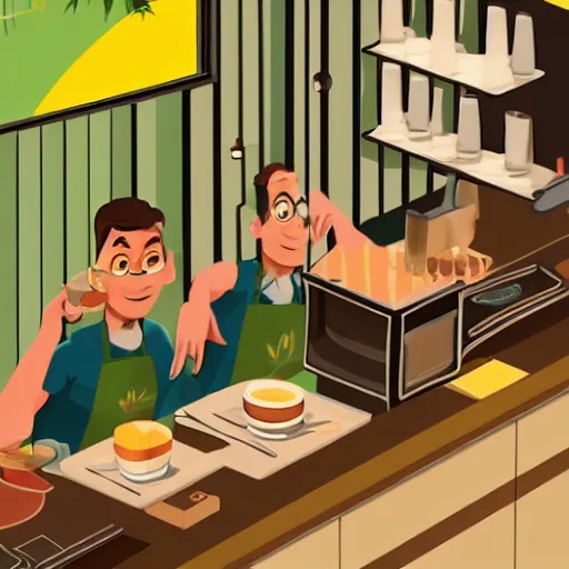 Image similar to barista at customers table : cafe serves cannabis cake for the first time in australia, isometric illustration fun, render in pixar, by darwyn cooke