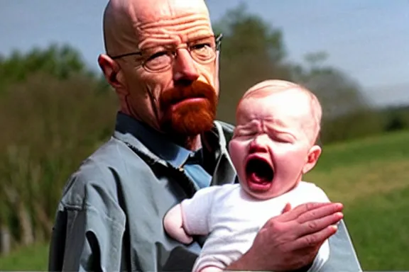 Image similar to walter white holding a baby and screaming at it