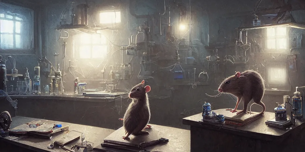 Image similar to highly realistic intricate rat standing on a desk in a laboratory with lots of flasks filled with magic liquids and poisonous fog, stephen bliss, unreal engine, fantasy art by greg rutkowski, loish, rhads, ferdinand knab, ilya kuvshinov, rossdraws, tom bagshaw, global illumination, radiant soft light, detailed and intricate environment