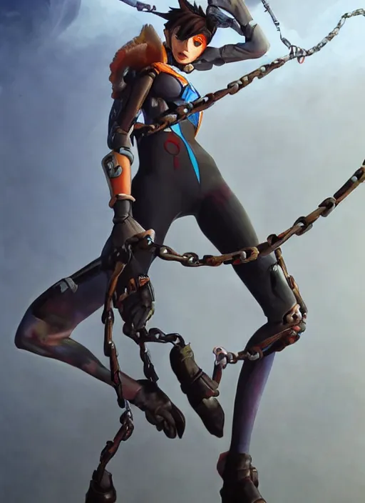 Image similar to full body painting of tracer from overwatch, in style of zdzisław beksinski, horror, 4 k, feminine facial features, black armor, black armor, detailed face, tall, ropes and chains in background