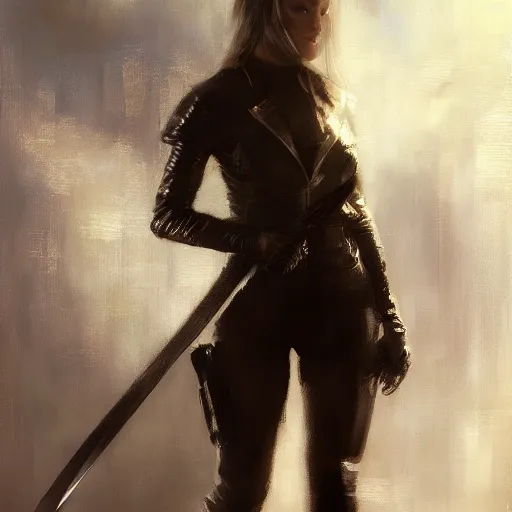 Image similar to painting of a female wearing skintight leather jacket holding a sword, by jeremy mann, fantasy art, dynamic lighting, artstation, poster, volumetric lighting, 4 k, award winning