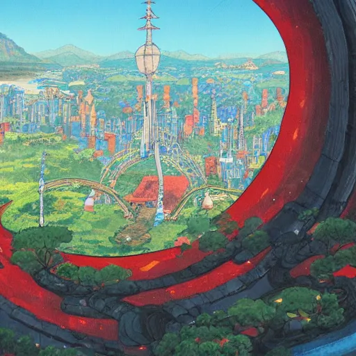 Image similar to a painting of a huge city with a circular bridge around a big red mansion and a huge world tree at the top of a mountain by hayao miyazaki