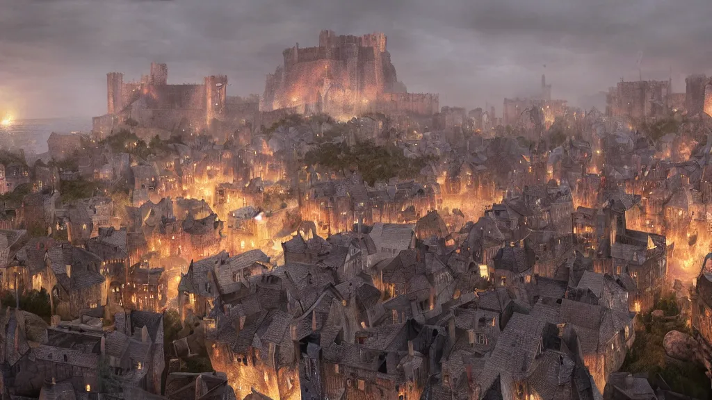 Image similar to 3d rendering of the fantasy medieval city of Kings Landing, influenced from HBO's A Game of Thrones, Looking towards the Red Keep which is in the background, foggy atmosphere, volumetric lighting, fantasy artwork, very beautiful scenery, very realistic painting effect, hd, hdr, unreal engine 5, cinematic 4k wallpaper, 8k, ultra detailed, high resolution, artstation