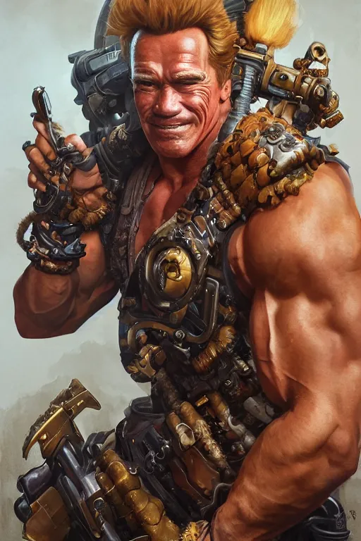 Image similar to portrait of arnold schwarzenegger as junkrat from overwatch, full body, fantasy, intricate, elegant, highly detailed, digital painting, artstation, concept art, sharp focus, illustration, art by artgerm and greg rutkowski and alphonse mucha