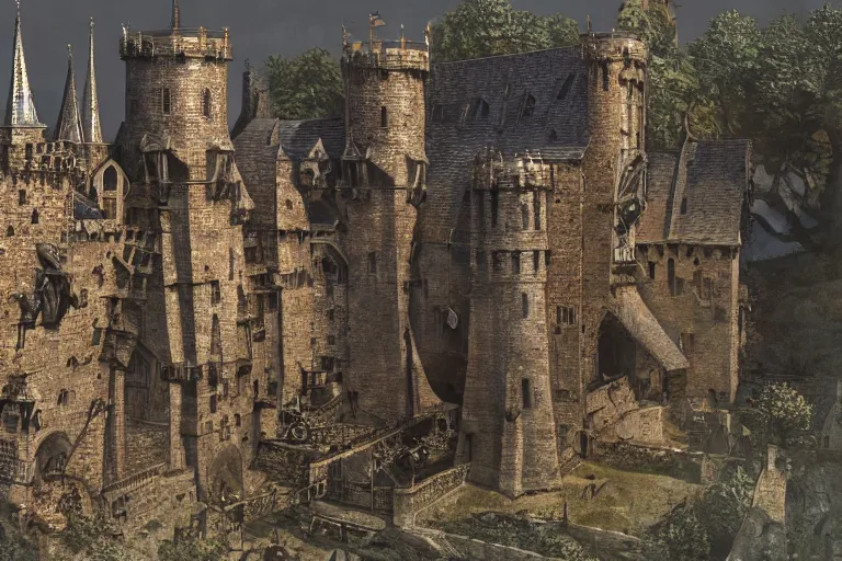 Image similar to A medieval keep, texture, intricate, details, highly detailed, masterpiece, architecture, building, trending on artstation, focus, sharp focus, concept art, digital painting, fantasy, D&D, tabletop, rpg, roleplay, sunny, day, midday, photograph, photo, still, movie still, screenshot