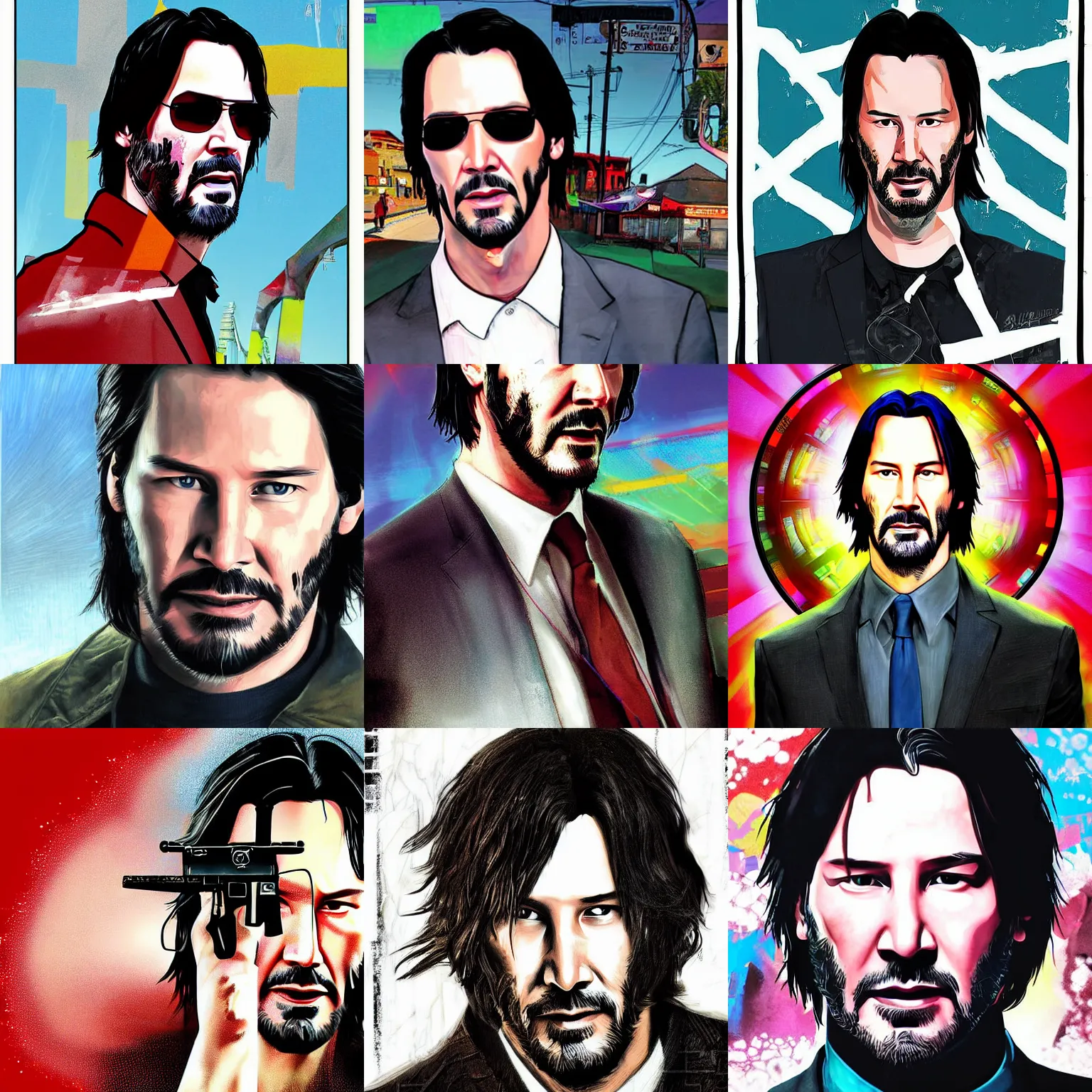 Prompt: Keanu Reeves art by Stephen Bliss, GTA V cover art