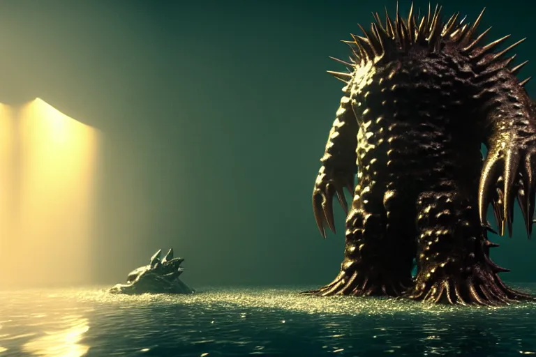 Image similar to huge bulky water creature made out of a humanoid nervous system with large meaty spikes all over the body, cinematic, volumetric lighting, f 8 aperture, cinematic eastman 5 3 8 4 film, photorealistic