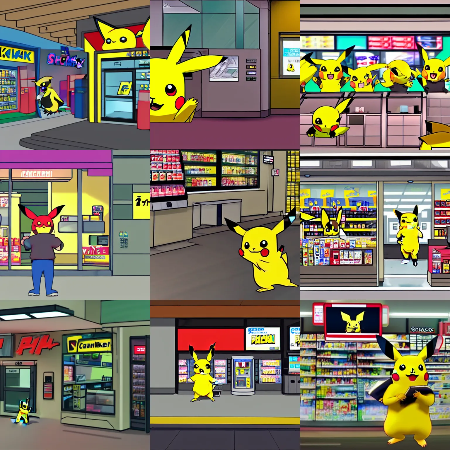 Prompt: security cam footage of pikachu robbing a 711 cashier, convenience store interior background, photorealism