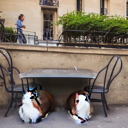 Image similar to two guinea pigs having dinner outside a cafe in Paris in the evening, the eiffel tower is visible in the background