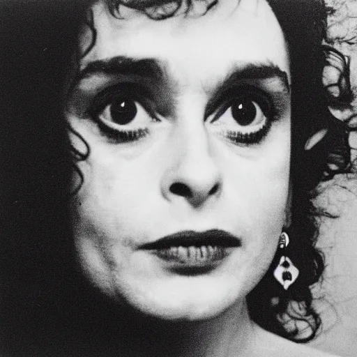 Image similar to photo of Helena Bonham Carter by Diane Arbus, black and white, high contrast, Rolleiflex, 55mm f/4 lens