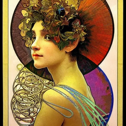 Image similar to A woman with a colored face, standing in gold foil, her face in discs, she has a diamond eye, orange Alphonse Mucha, Ernst Haeckel