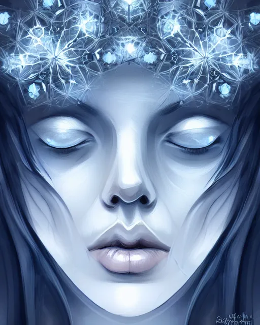 Prompt: concept art, crystal flower portrait, soft grey and blue natural light, intricate, highly detailed dark art, digital painting, artstation, concept art, smooth, sharp focus, illustration, symmetry!