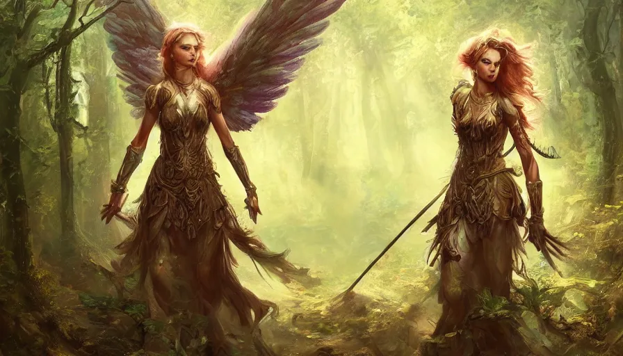 Prompt: A beautiful detailed painting of a female angel warrior on a magical forest path by marc simonteei and Kalin Popov , Trending on artstation HD.