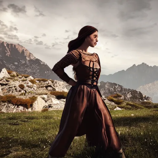 Prompt: renaissance woman using a smarting , centered full body shot, full pov, studio light, italian mountains background, intricate, epic lighting, cinematic composition, hyper realistic, 8k resolution, unreal engine 5