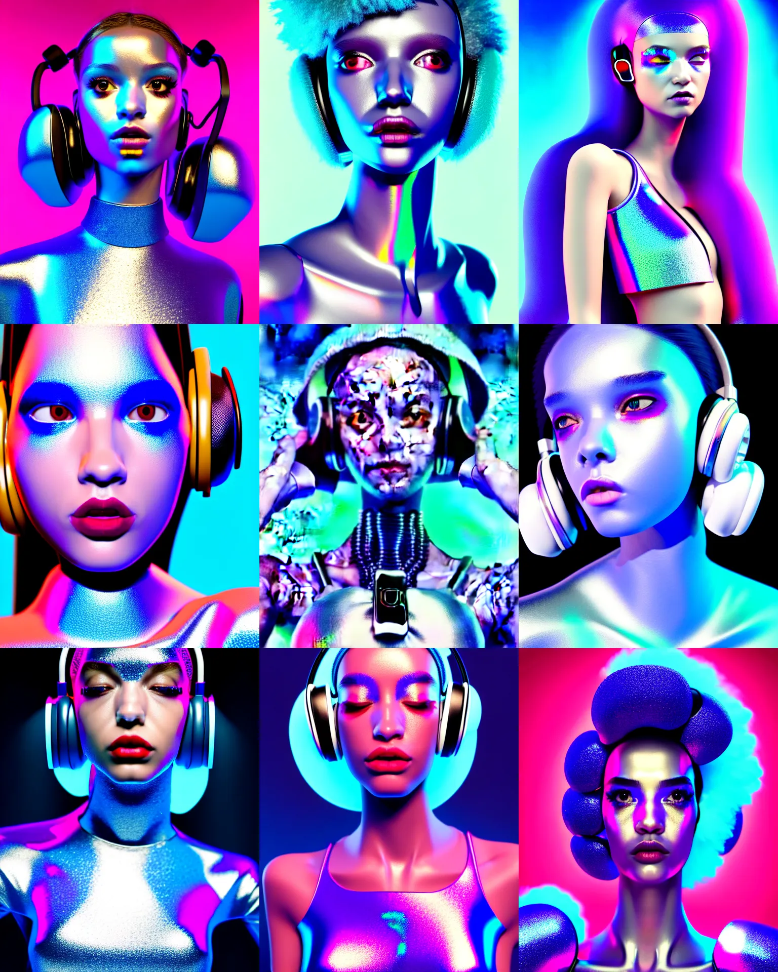 Prompt: BOTS magazine cover body portrait fashion pose ::100 of a pearlescent iridescent college teen cyborg on a crowded packed nyc sidewalk, high fashion photoshoot, hair worn up, earrings and headphones, cute rave outfit, ::80 octane render, morning, trending on artstation, anime girl, ue5, sci-fi, science fiction, ::65 rossdraws, nixri, gui guimaraes, Greg rutkowski, ::75 Madison beer, ::200