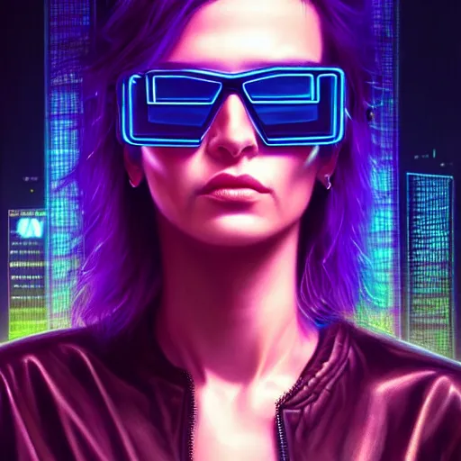 Image similar to epic portrait of cyberpunk Carpenter Charisma wearing mirrorshades, Night City, cyberpunk 2077, neon megacity in the background, angry and bored, illustration, soft lighting, soft details, painting oil on canvas by mark arian by artgerm, trending on artstation, 4k, 8k, HD