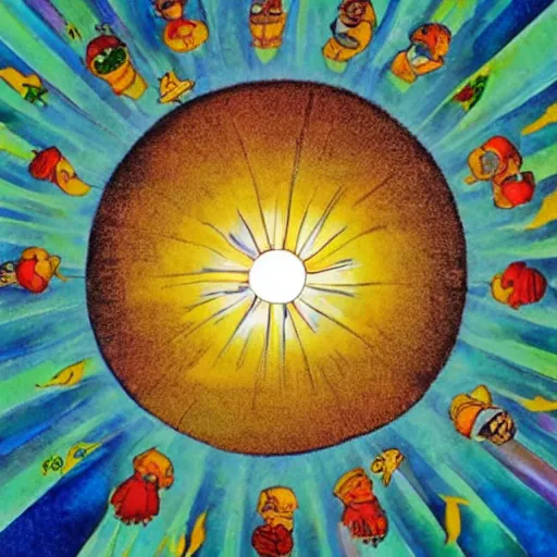 Image similar to A beautiful photograph of the sun. The sun is depicted as a large ball in the center of the piece, with rays of light emanating out from it in all directions. chinese watercolor by Richard Scarry, by Matt Groening, by Alan Moore decorative