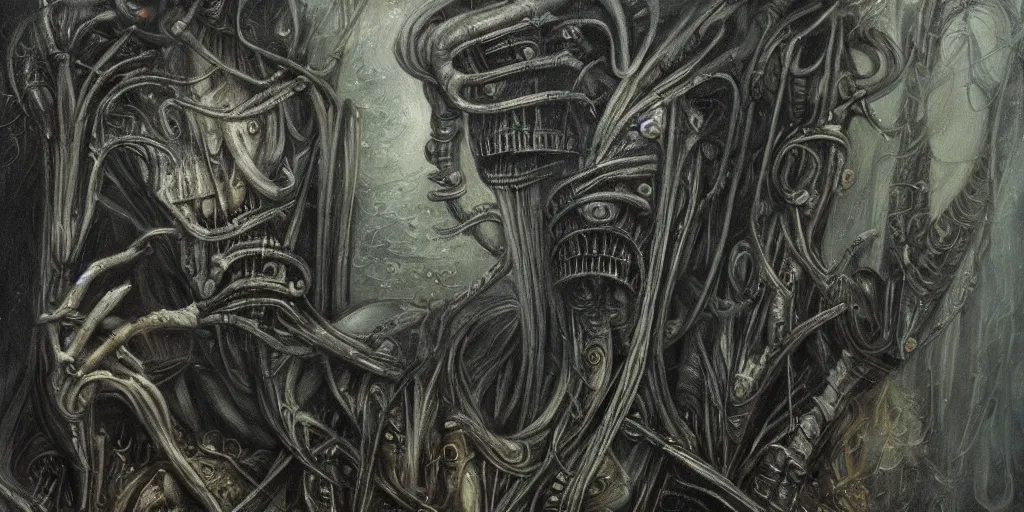 Image similar to a foggy highly detailed oil painting of a aetherpunk god by h. r giger in the style of romanticism art, trending on art station