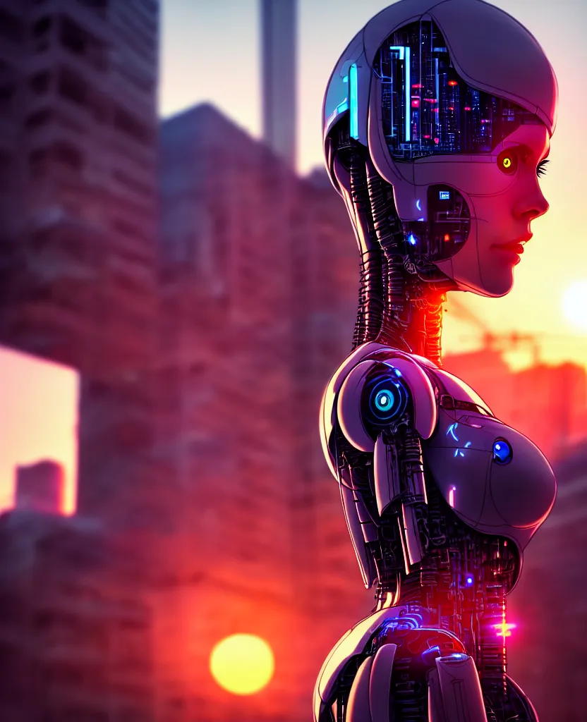 Image similar to a photo close up cyberpunk half robot half girl stands in a cyberpunk hiroshima, prefecture streets, sunset, photorealistic, cinematic lighting, very detailed, style by tomino - sama