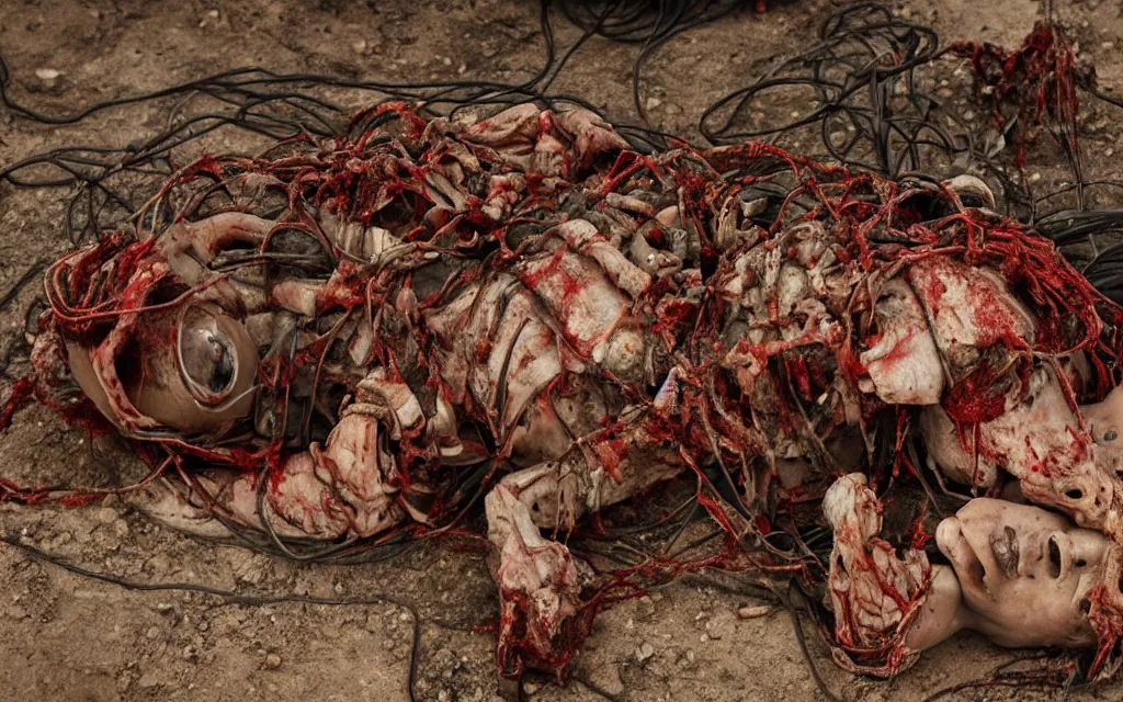 Image similar to in the desert a bloody gross horrifying the thing creature made of muscle and bone and blood stares at the camera, hundreds of black cables and wires wrap around the bodies, the drool comes out of the rotting bodies, eating, mid day, 3 5 mm photography, realistic,