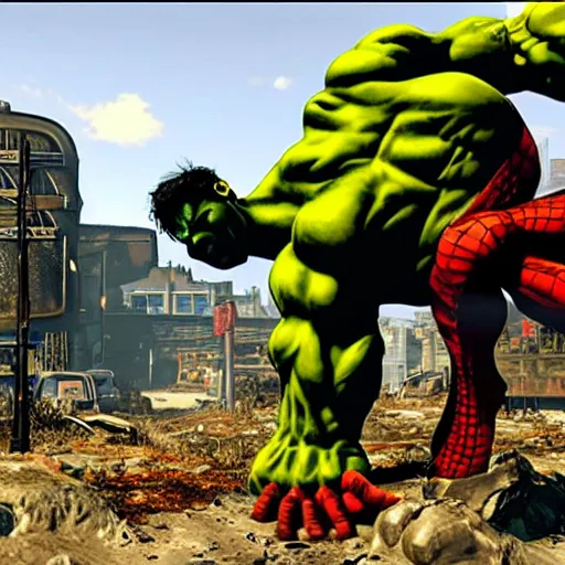 Image similar to hulk and spiderman in fallout 4