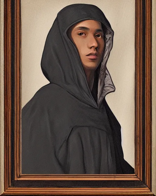 Image similar to digital art portrait of a young man in dark robes, hooded